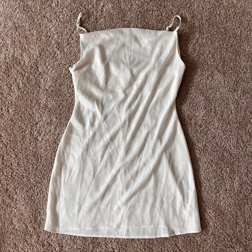 white cowl neck dress